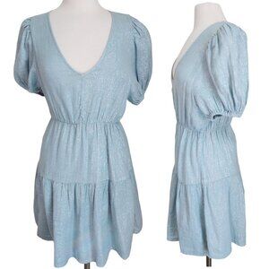 Self Contrast Linen Dress sz‎ Small Tiered Skirt Puff Sleeve Silver Metallic